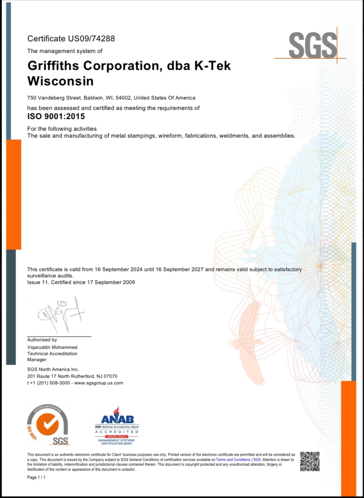 K-TEK Wisconsin ISO-9001:2015